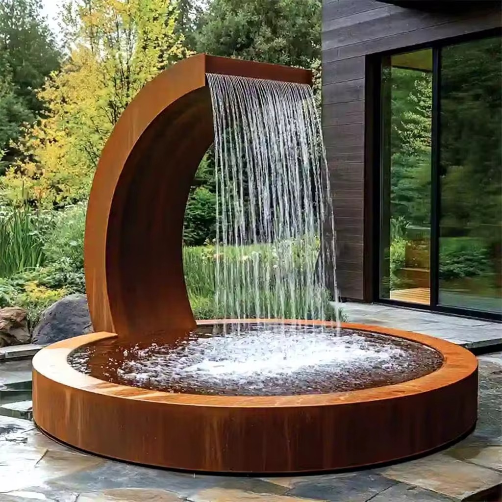Fontaine murale en acier Corten avec bassin